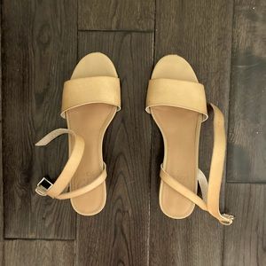 J Crew nude open toed block heels